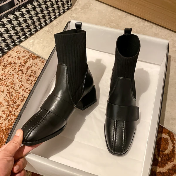 Fashion Black Street Wear Knitting Ankle Womens Boots 2020 4 cm Thick Heels Low Heel Square Toe Boots
