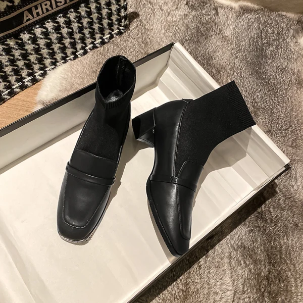 Enkel Svart Casual Ankel Strikking Kvinners støvler 2020 5 cm Tykk Hæler Firkantetå Boots