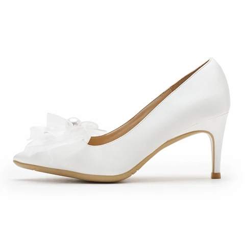 Elegant White Wedding Satin Wedding Shoes 2020 Pearl Bow 9 cm Stiletto Heels Pointed Toe Pumps