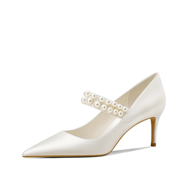 Elegant Ivory Satin Pearl Wedding Shoes 2020 8 cm Stiletto Heels Pointed Toe Wedding Pumps