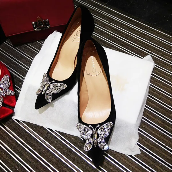Chic Noire Promo Faux Diamant Papillon Escarpins 2020 9 cm Talons Aiguilles À Bout Pointu Escarpins