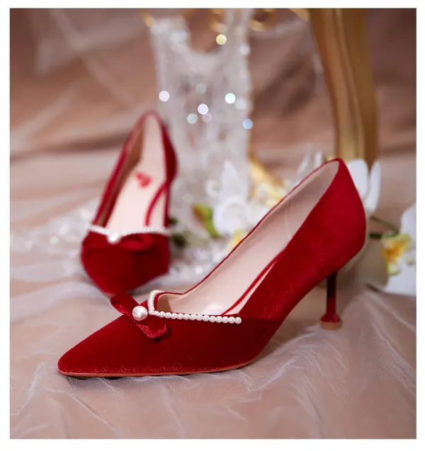 Chinese style Burgundy Suede Wedding Shoes 2020 Pearl Bow 6 cm Stiletto Heels Pointed Toe Wedding Pumps