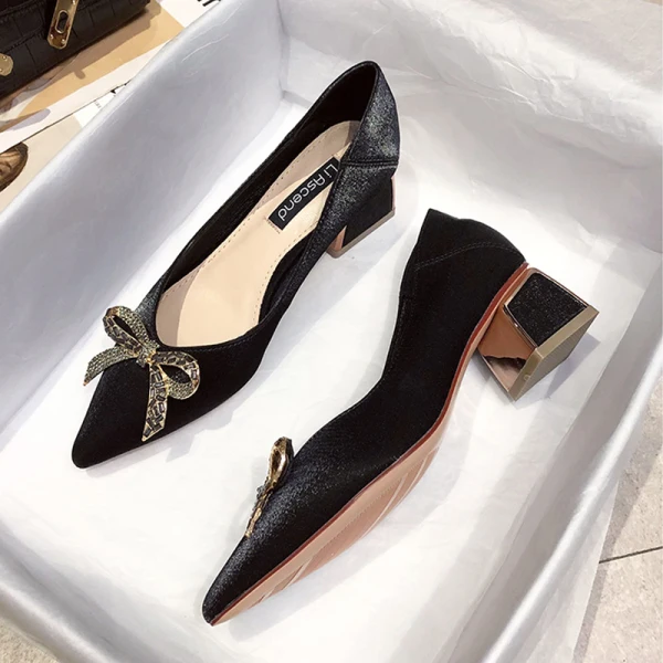 Fashion Burgundy Evening Party Rhinestone Bow Pumps 2020 4 cm Thick Heels Low Heel Pointed Toe Pumps