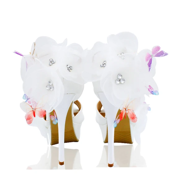 Chic / Beautiful White Summer Wedding Shoes 2018 Leather Butterfly Flower Rhinestone Ankle Strap 14 cm Stiletto Heels Open / Peep Toe Wedding High Heels
