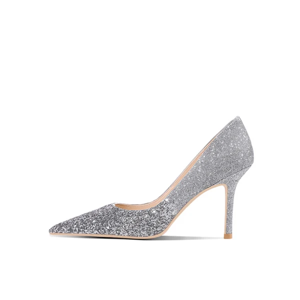 High End Farbverlauf Silber Glanz Pailletten Brautschuhe 2020 Leder 8 cm Stilettos Spitzschuh Hochzeit Pumps