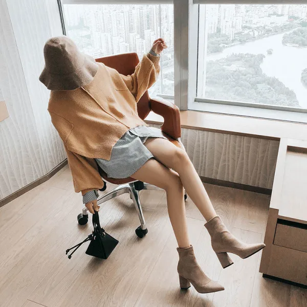 Chic / Beautiful Winter Black Street Wear Ankle Womens Boots 2020 Suede 7 cm Thick Heels Pointed Toe Boots