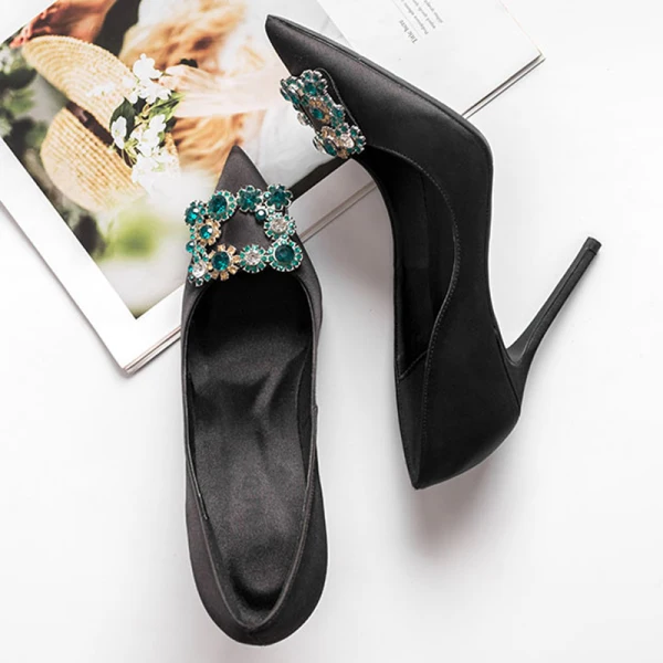 Chic / Belle Noire Promo Satin Escarpins 2020 Faux Diamant 10 cm Talons Aiguilles À Bout Pointu Escarpins