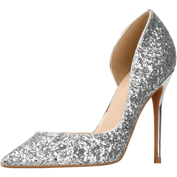 Sparkly Silver Evening Party Glitter Sequins Womens Shoes 2020 10 cm Stiletto Heels Pointed Toe Heels