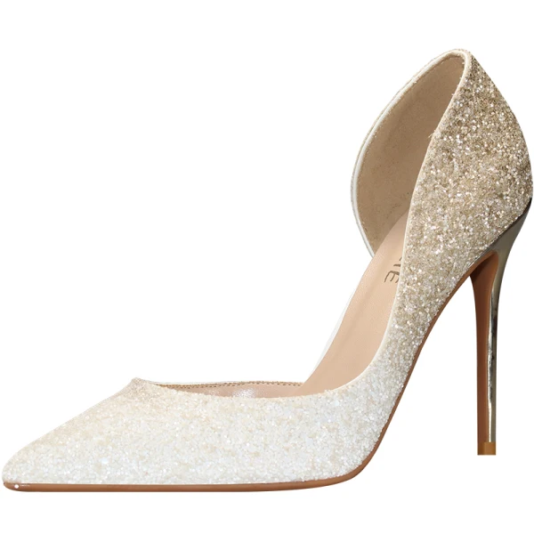 Charming Gradient-Color Gold Evening Party Womens Shoes 2020 Glitter Sequins 10 cm Stiletto Heels Pointed Toe Heels