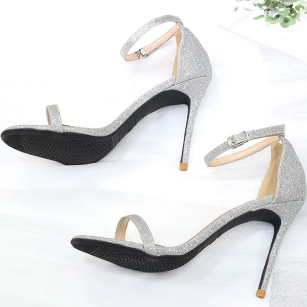 Sexy Silber Abend Glanz Pailletten Sandalen Damen 2020 Knöchelriemen 10 cm Stilettos Peeptoes Sandaletten