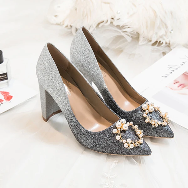 Charmant Farbverlauf Pink Abend Pumps 2020 Perle Strass Pailletten 9 cm Thick Heels Spitzschuh Pumps
