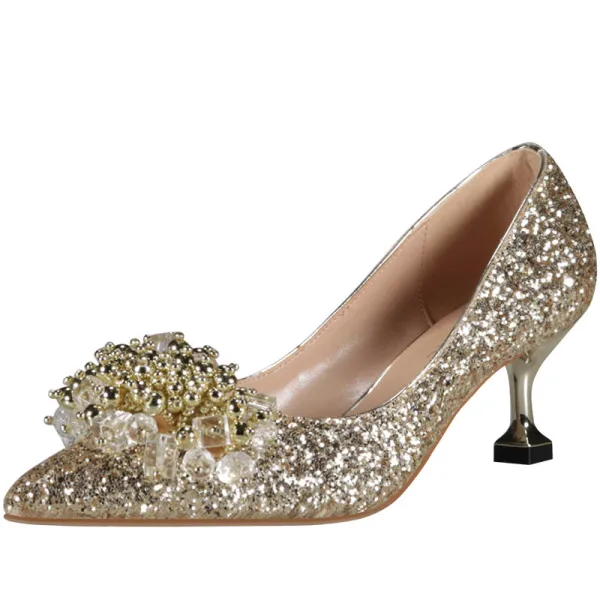 Uroczy Błyszczące Złote Buty Ślubne 2020 Cekiny Rhinestone 6 cm Szpilki Szpiczaste Ślub Czółenka