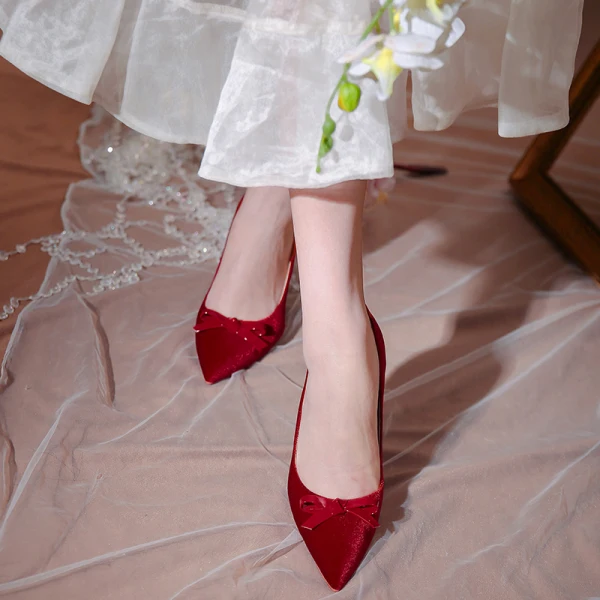 Chinese style Burgundy Bow Wedding Shoes 2020 8 cm Stiletto Heels Pointed Toe Wedding Pumps