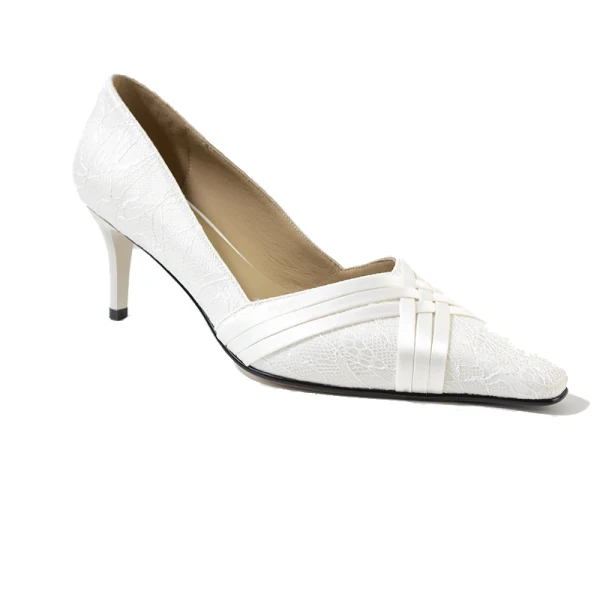 Vintage / Retro Elegant Ivory Lace Wedding Shoes 2020 Leather 6 cm Stiletto Heels Pointed Toe Wedding Pumps