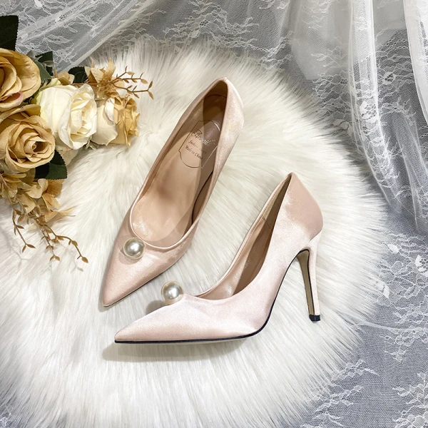 Chic / Beautiful Satin Red Pearl Wedding Shoes 2020 Leather 9 cm Stiletto Heels Pointed Toe Wedding Pumps