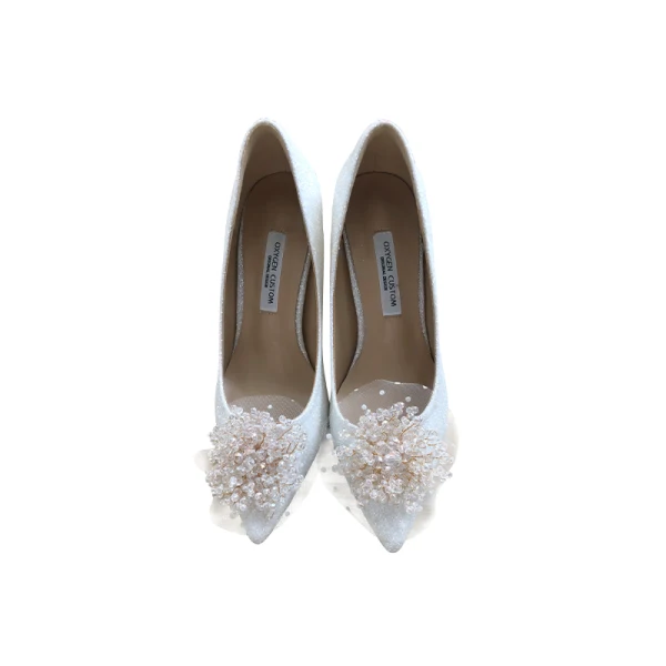 Chic Ivoire Cuir Faux Diamant Paillettes Chaussure De Mariée 2020 7 cm Talons Aiguilles À Bout Pointu Mariage Escarpins