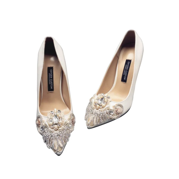 Fabuleux Ivoire Perle Faux Diamant Chaussure De Mariée 2020 Cuir 9 cm Talons Aiguilles À Bout Pointu Mariage Escarpins