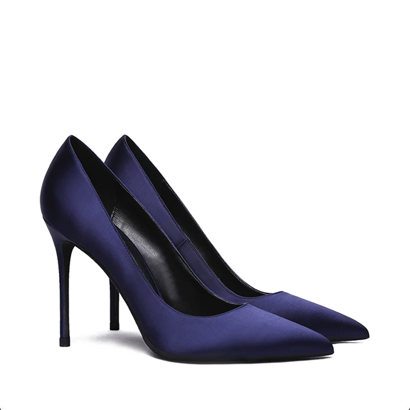 Chic / Beautiful Navy Blue Prom Satin Pumps 2020 10 cm Stiletto Heels Pointed Toe Pumps