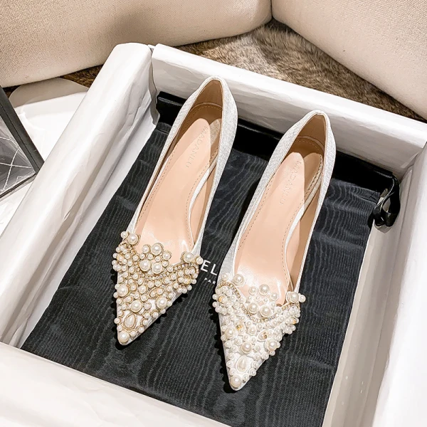 Chic Ivoire Faux Diamant Perle Chaussure De Mariée 2020 7 cm Talons Aiguilles À Bout Pointu Mariage Escarpins