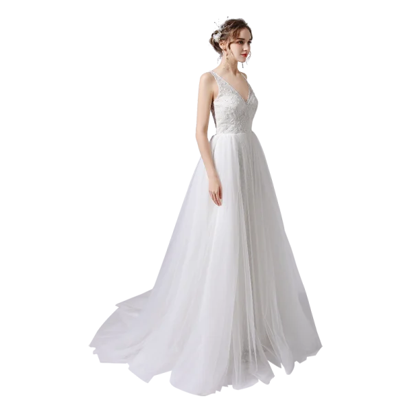 Elegant Ivory Glitter Wedding Dresses 2021 A-Line / Princess Beading V-Neck Sleeveless Backless Sweep Train Wedding