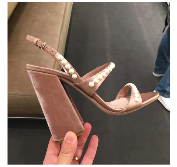 Sexy Nude Street Wear Pearl Womens Sandals 2020 Slingbacks 9 cm Thick Heels Open / Peep Toe Sandals