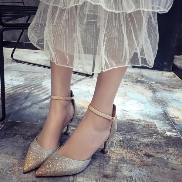 Chic / Beautiful Champagne Evening Party Womens Shoes 2020 Ankle Strap 6 cm Stiletto Heels Pointed Toe Heels