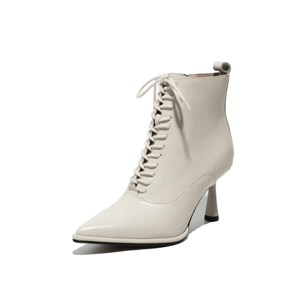 Fashion Winter Beige Street Wear Womens Boots 2020 Leather 7 cm Stiletto Heels Pointed Toe Boots