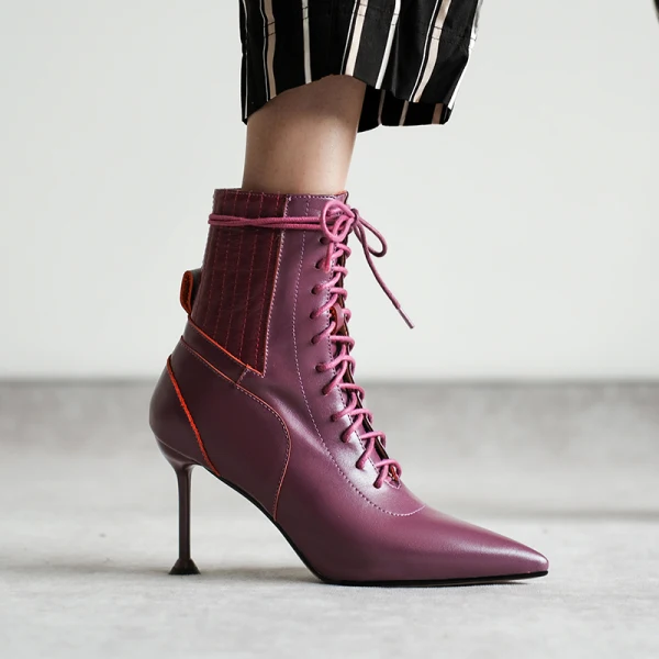 Klassieke Winter Paarse Toevallig Leer Dames Laarzen 2020 8 cm Naaldhakken / Stiletto Spitse Neus Laarzen
