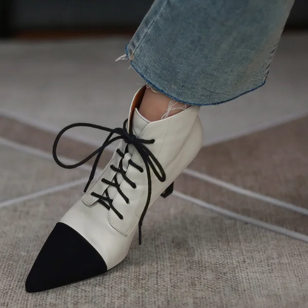 Chic / Beautiful Beige Casual Two Tone Womens Boots 2020 Leather 8 cm Stiletto Heels Pointed Toe Boots