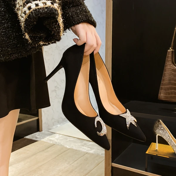 Sexy Black Evening Party Rhinestone Pumps 2020 Leather 9 cm Stiletto Heels Pointed Toe Pumps