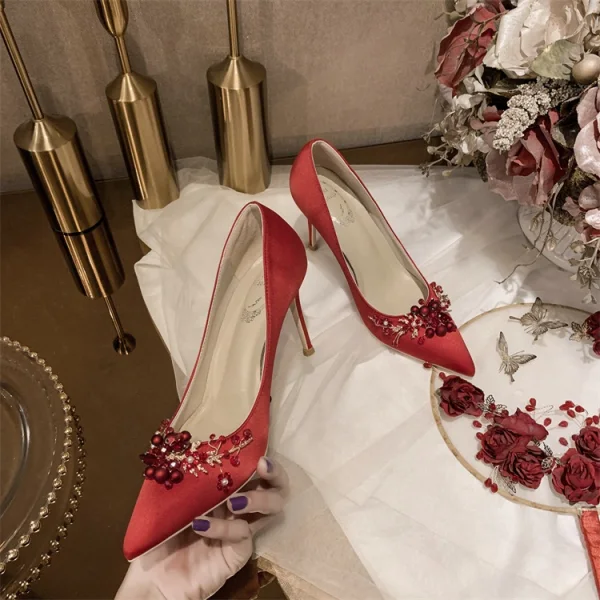 Élégant Beige Perle Chaussure De Mariée 2020 Cuir Satin 10 cm Talons Aiguilles À Bout Pointu Mariage Escarpins