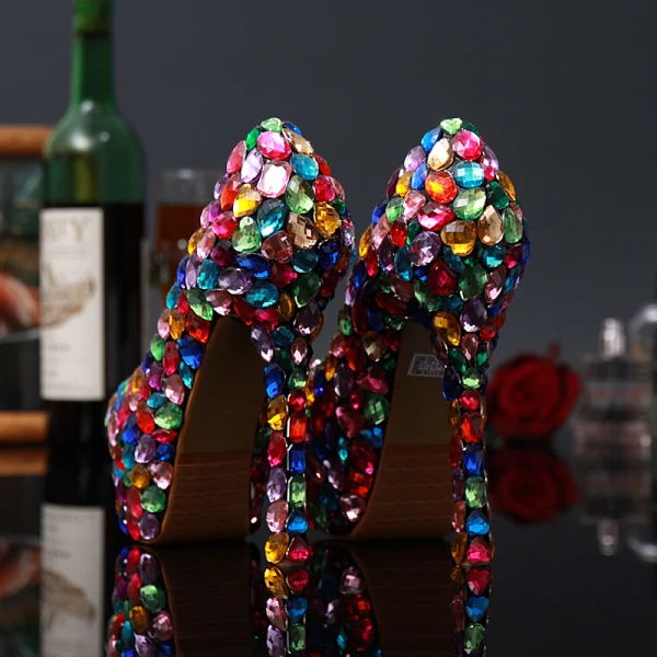 Sexy Multi-Colors Crystal Rhinestone Rave Club Pumps 2020 Leather Waterproof 14 cm Stiletto Heels Pointed Toe Pumps