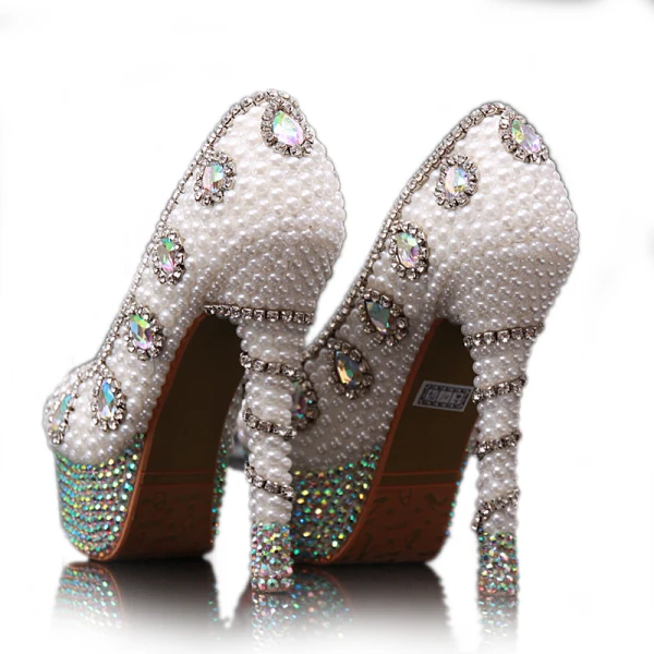 Charming Chic / Beautiful Ivory Pearl Crystal Wedding Shoes 2020 Rhinestone Leather Waterproof 14 cm Stiletto Heels Pointed Toe Wedding Pumps