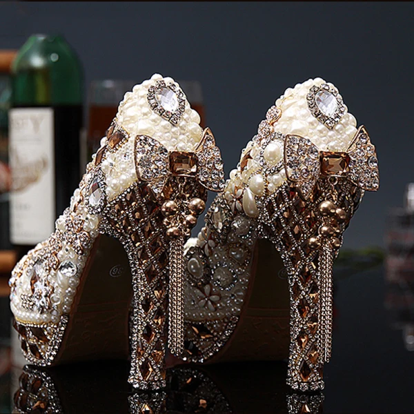 Stunning Luxury / Gorgeous Pearl Rhinestone Wedding Shoes 2020 Leather Waterproof 14 cm Stiletto Heels Round Toe Wedding Pumps