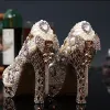 Étourdissant Luxe Perle Faux Diamant Chaussure De Mariée 2020 Cuir Imperméables 14 cm Talons Aiguilles À Bout Rond Mariage Escarpins