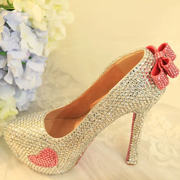 Charmant Argenté Faux Diamant Chaussure De Mariée 2020 Noeud Cuir Imperméables 14 cm Talons Aiguilles À Bout Rond Mariage Escarpins