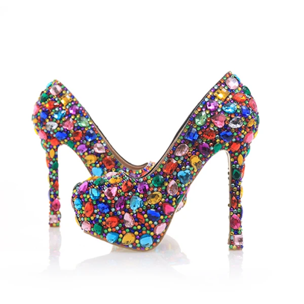 Amazing / Unique Multi-Colors Crystal Rave Club Pumps 2020 Leather Waterproof 14 cm Stiletto Heels Pointed Toe Pumps