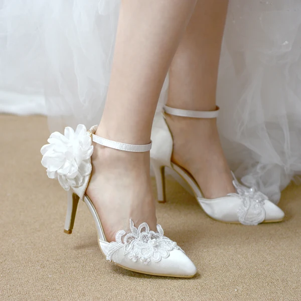 Classy Ivory Satin Lace Wedding Shoes 2020 Ankle Strap Flower Pearl 8 cm Stiletto Heels Pointed Toe Wedding Heels
