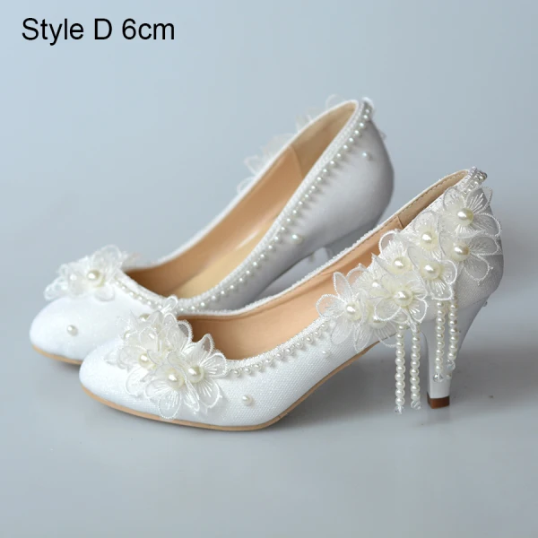 Elegant Chic / Beautiful Ivory Pearl Tassel Wedding Shoes 2020 Lace Flower 14 cm Stiletto Heels Round Toe Wedding Pumps