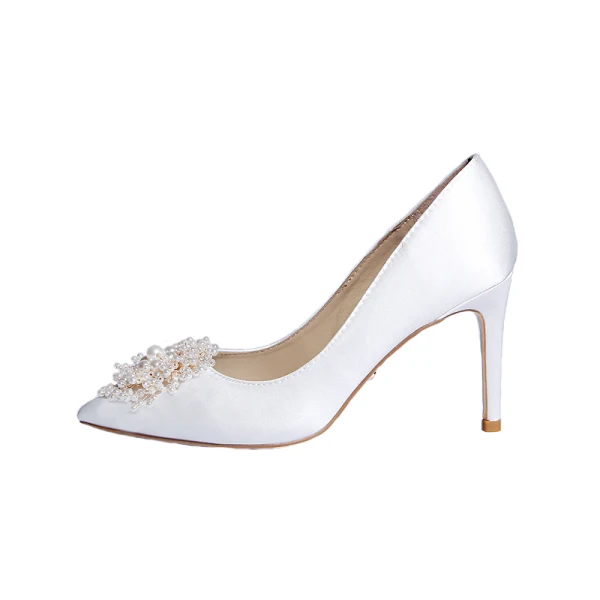 Elegante Weiß Perle Brautschuhe 2020 Leder 7 cm Stilettos Spitzschuh Hochzeit Pumps