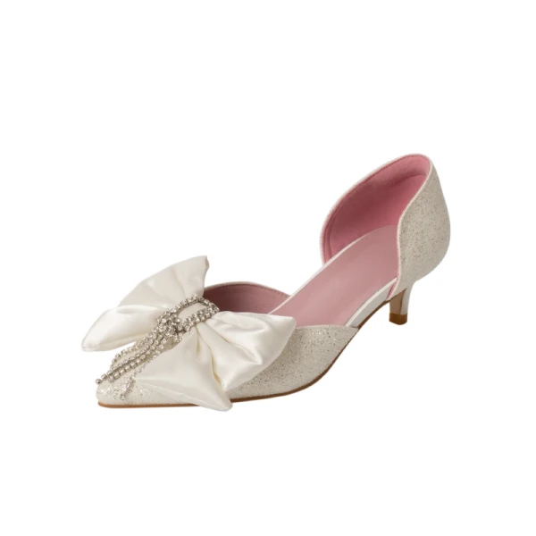 Edles Glanz Silber Brautschuhe 2020 Satin Schleife Strass Quaste 4 cm Stilettos Low Heel Spitzschuh Hochzeit High Heels