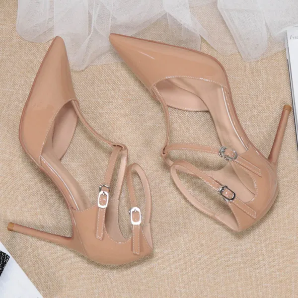 Chic / Beautiful Nude Street Wear Patent Leather Womens Sandals 2020 T-Strap 10 cm Stiletto Heels Pointed Toe Sandals