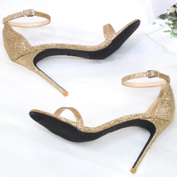 Sexy Gold Evening Party Sequins Womens Shoes 2020 Ankle Strap 10 cm Stiletto Heels Open / Peep Toe Sandals