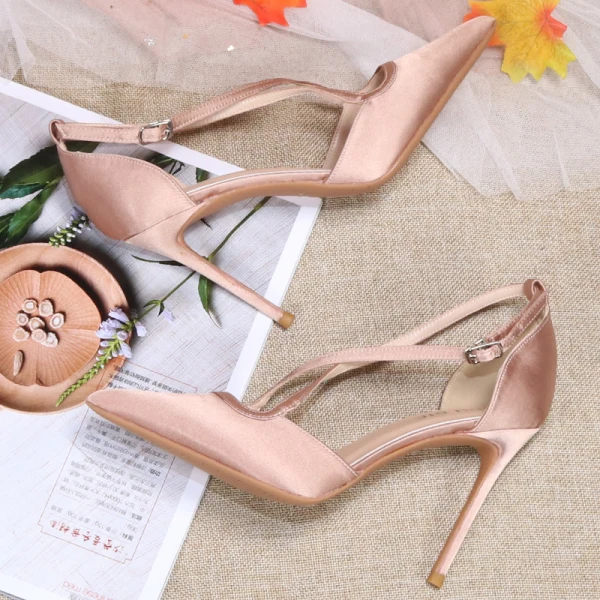Chic / Beautiful Nude Street Wear Satin Womens Sandals 2020 X-Strap 10 cm Stiletto Heels Pointed Toe Sandals