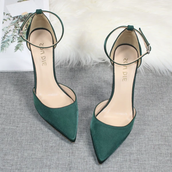 Chic / Beautiful Dark Green Satin Prom Womens Sandals 2020 Ankle Strap 10 cm Stiletto Heels Pointed Toe Sandals