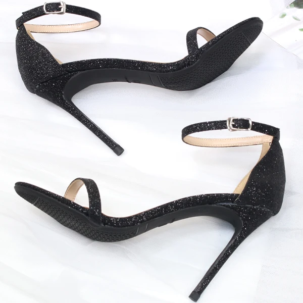 Sexy Gold Glitter Evening Party Womens Sandals 2020 Ankle Strap Sequins 10 cm Stiletto Heels Pointed Toe Sandals