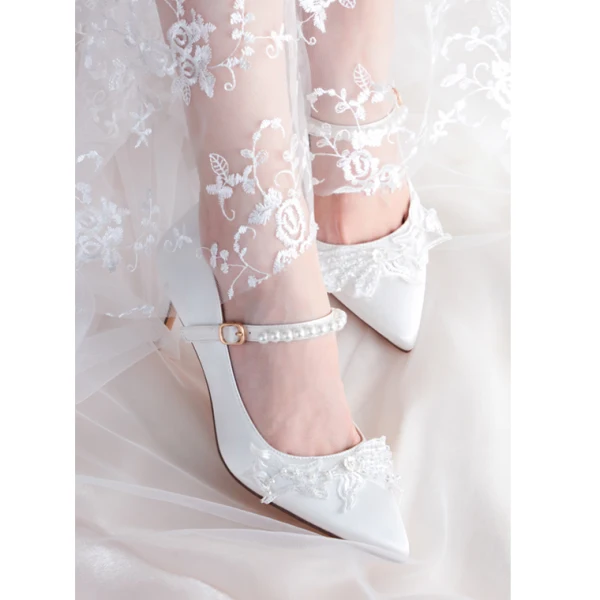 Elegant White Satin Wedding Shoes 2020 Pearl Lace Flower 7 cm Stiletto Heels Pointed Toe Wedding Pumps