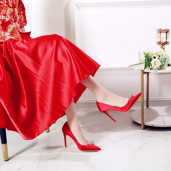Chic / Beautiful White Rhinestone Wedding Shoes 2020 Leather 10 cm Stiletto Heels Pointed Toe Wedding Pumps