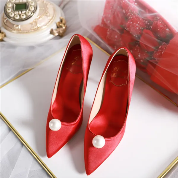 Chic Ivoire Perle Chaussure De Mariée 2020 Cuir 10 cm Talons Aiguilles À Bout Pointu Mariage Escarpins