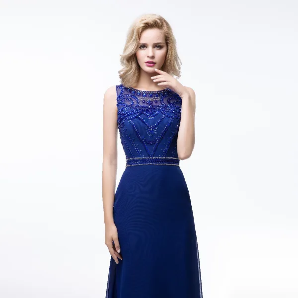 Modern / Fashion Royal Blue Chiffon See-through Evening Dresses 2018 A-Line / Princess Scoop Neck Sleeveless Pearl Rhinestone Beading Sweep Train Ruffle Formal Dresses